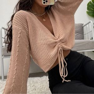 Lantern Sleeve Drawstring Ruched Front Sweater, Coral Pink